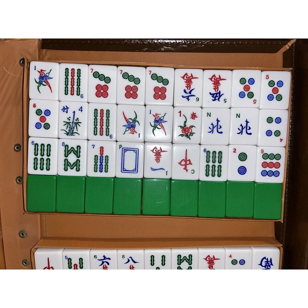 Vtg Chinese Mahjong Game Set 144 Large Tiles White & Green Lucite Tiles Gamble